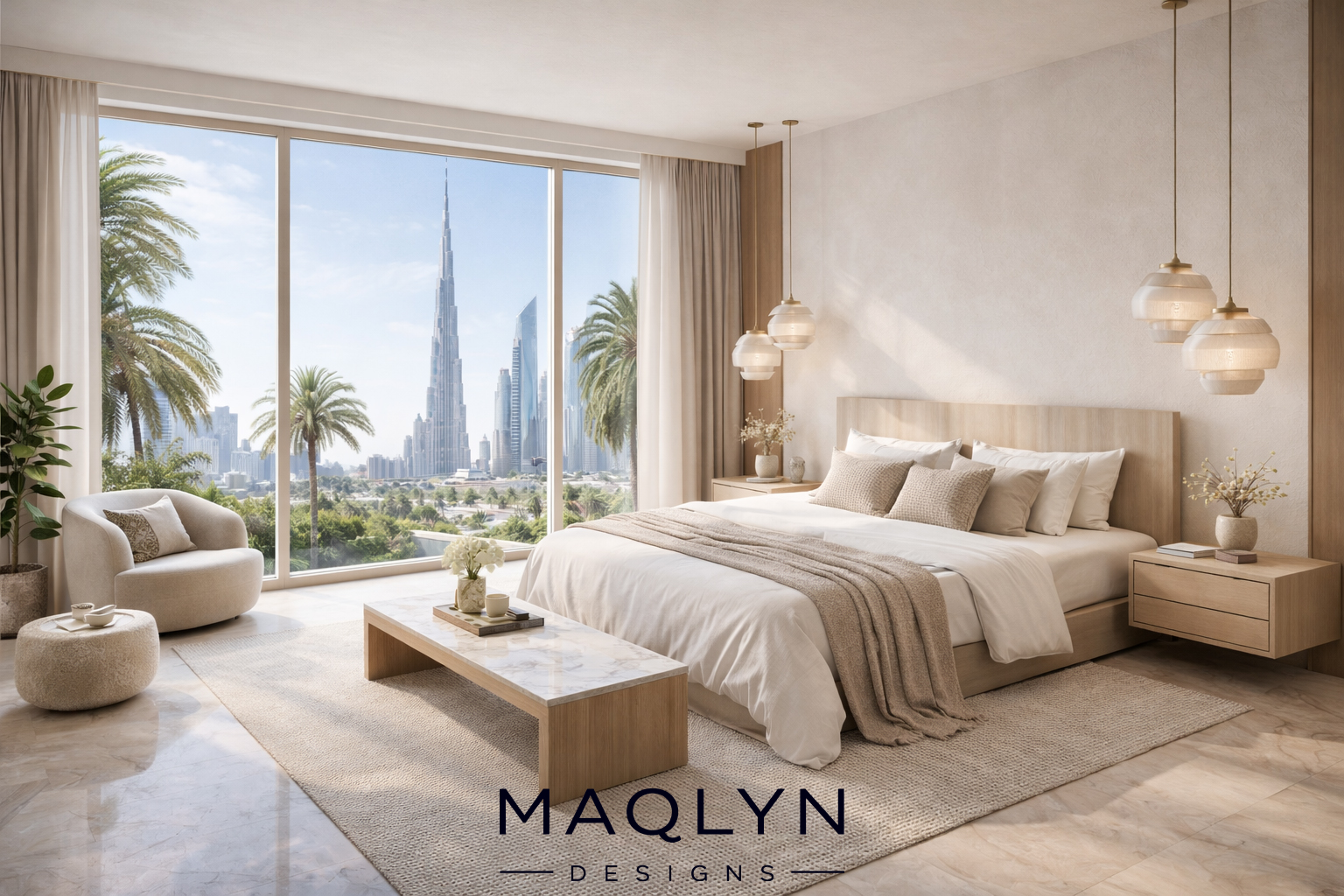 Modern minimal bedroom by Maqlyn Designs